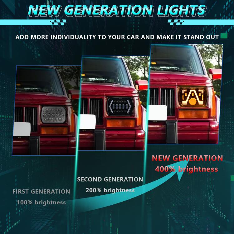 Square V-style LED headlight with amber turn-signal LED accents on vehicle