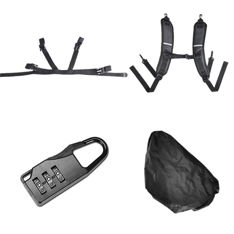 Motorcycle tail bag set: black bag, mounting straps, key code card, rain cover