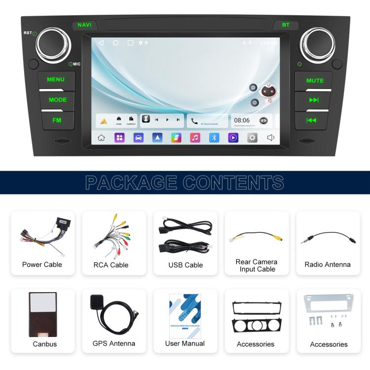 Black car infotainment head unit with touchscreen and included cable accessories