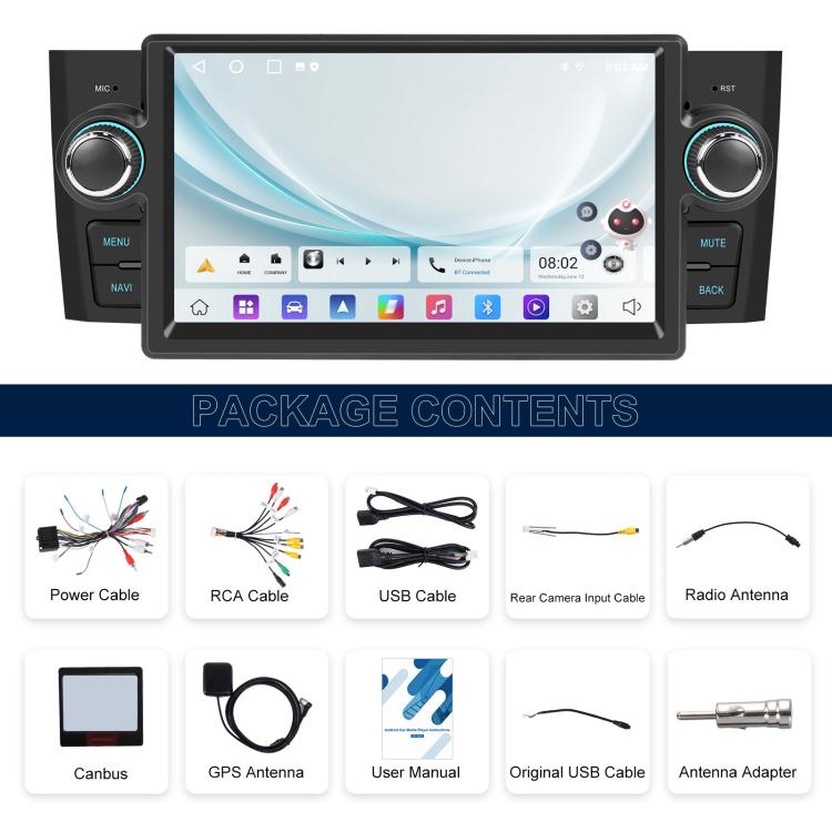 Car head unit with touchscreen and included wiring accessories in package contents