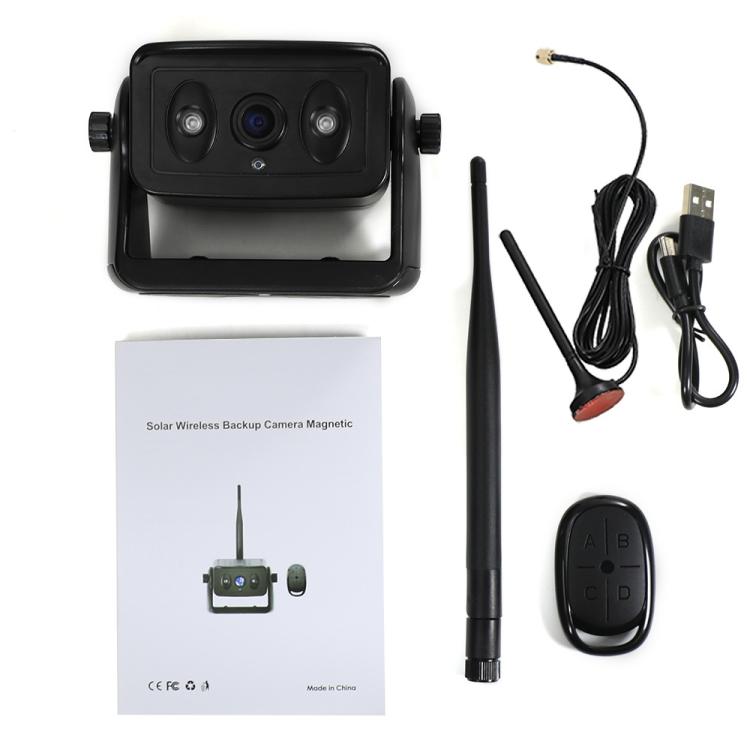 Wireless rear view reversing camera kit with long antenna, remote, and charging cable