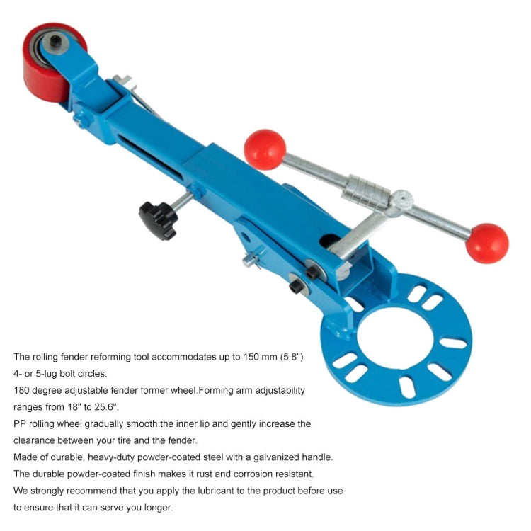 Blue fender reforming tool with red roller, wheel support ring, and long threaded handle