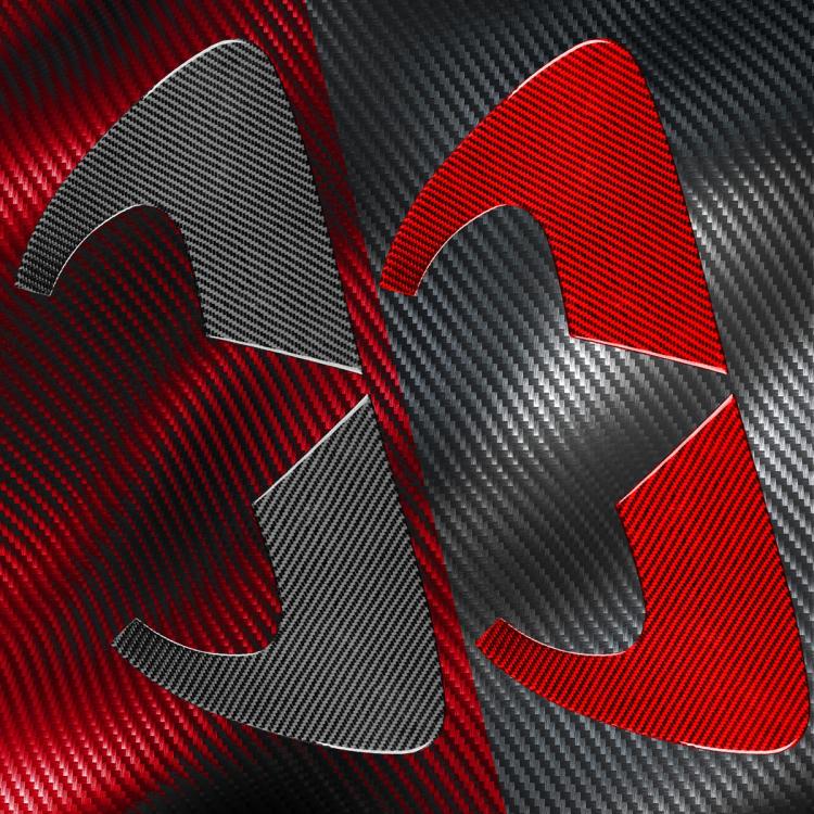 Red and black carbon fiber rear triangle window sticker pair, textured weave pattern