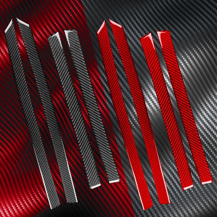Close-up: red and black carbon-fiber style door panel trim strips