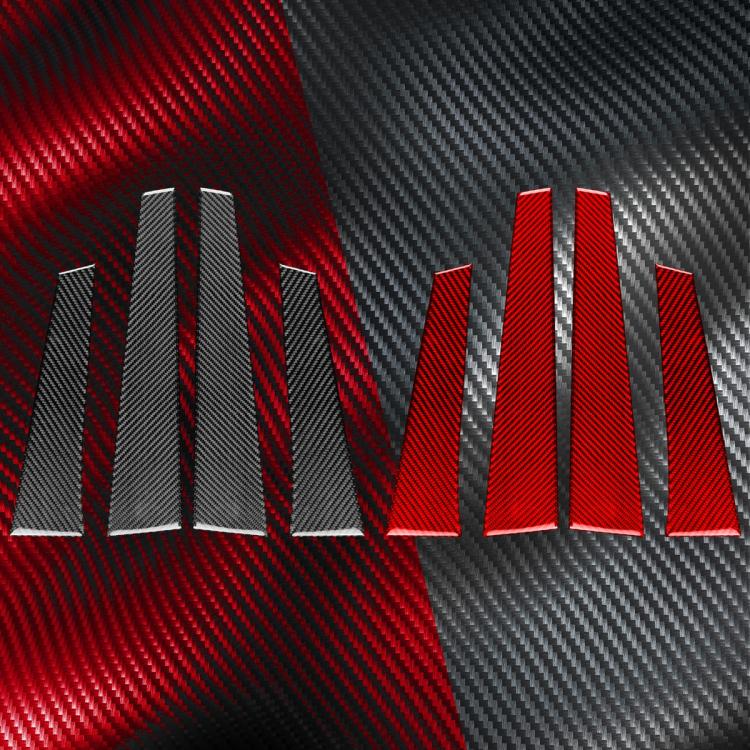 Carbon-fiber B-pillar decorative sticker set in black and red, multiple strips shown