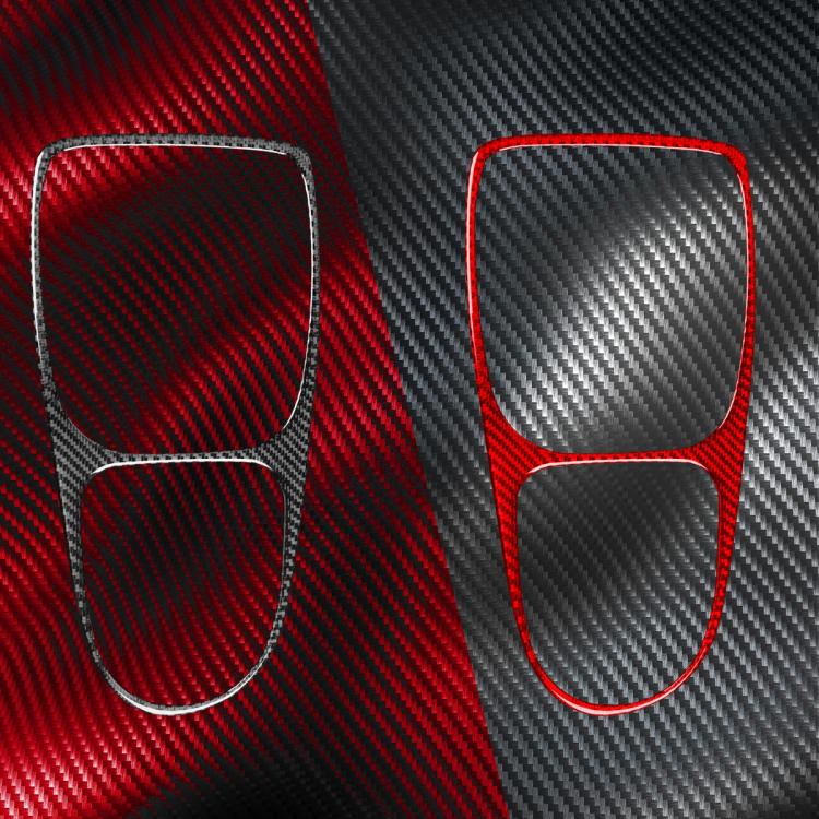 Carbon fiber gear shift frame sticker options: red and black textured finishes with red border.