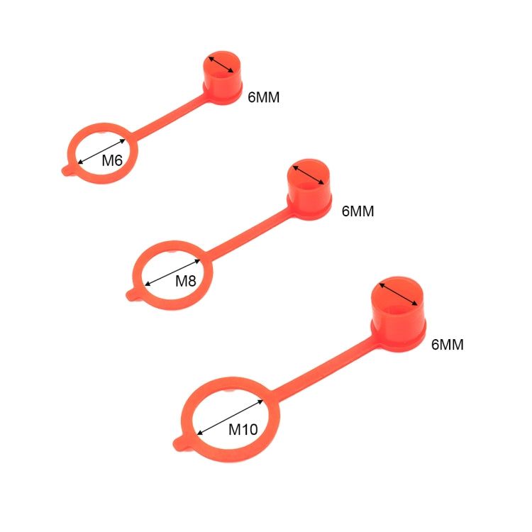 Red plastic zerk dust caps for M6, M8, and M10 fittings, labeled set of three