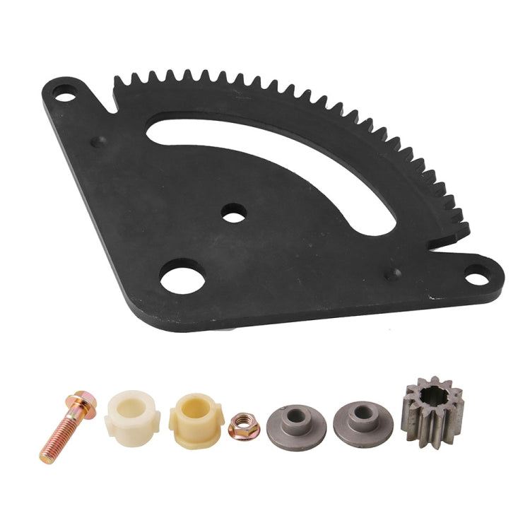 Steering gear sector gear plate with curved gear teeth, holes, and included hardware