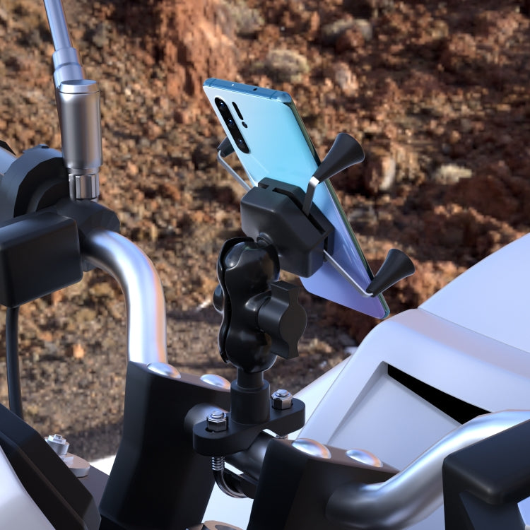 Mounted motorcycle phone holder bracket with four-claw X grip and adjustable clamp