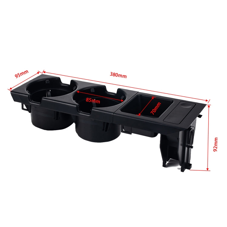 Car cup holder storage box set with two cup wells and tray, size diagram