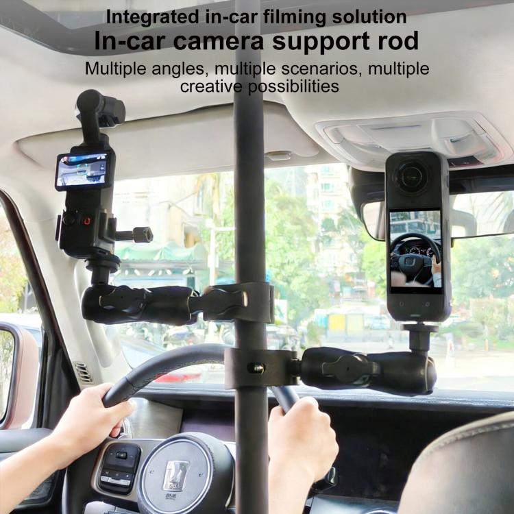 In-car camera support pole with clamp arms holding a dash camera and phone