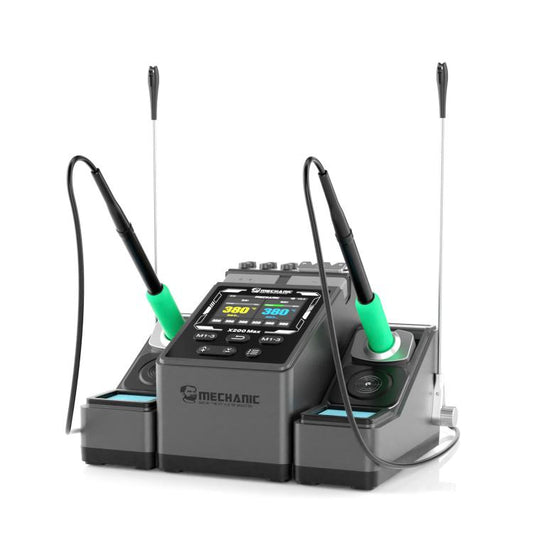 Dual-station precision soldering station with two green pen-style irons and digital control
