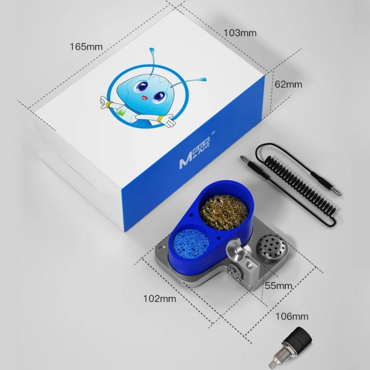 Blue and silver soldering station base with sponge wells, iron stand, and included parts