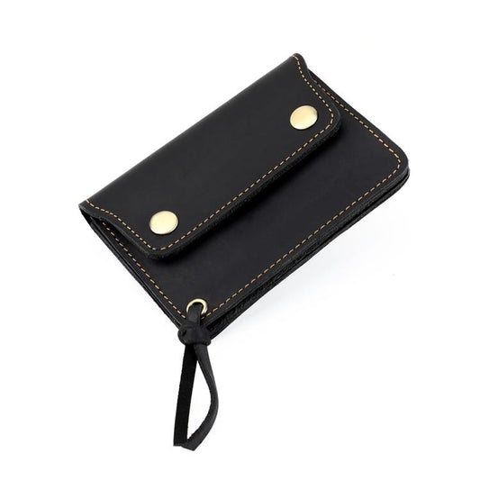 Black leather small zipper coin purse wallet with snap closure and hanging cord.