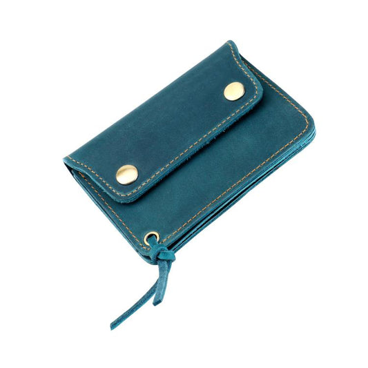 Blue leather small zipper coin purse wallet with snap closure and hanging cord.