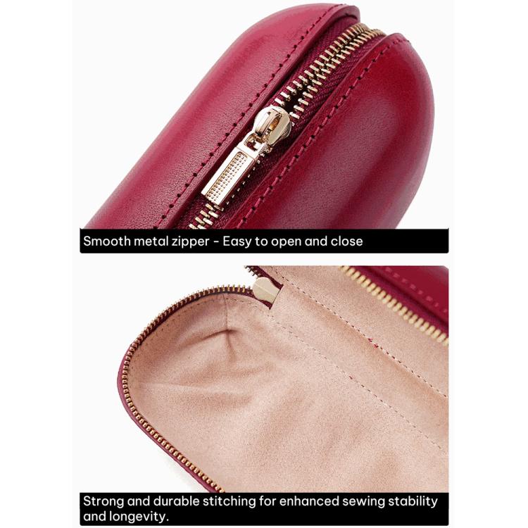 Vegetable-tanned leather sunglasses storage box, red, close-up of zipper and stitching