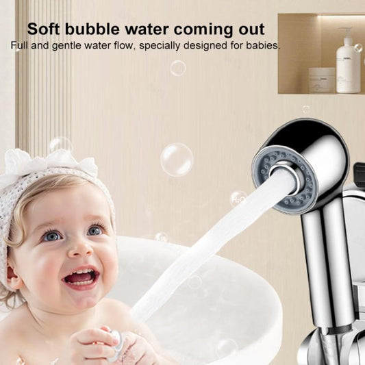 Two-setting shower head with bubble spray, water flow from round gray nozzle