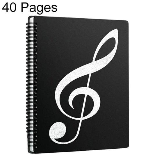 Black piano music sheet binder folder with treble clef cover and spiral rings, 40 pages