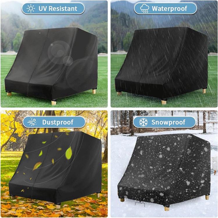 Black double chaise lounge cover with UV resistant, waterproof, dustproof features shown