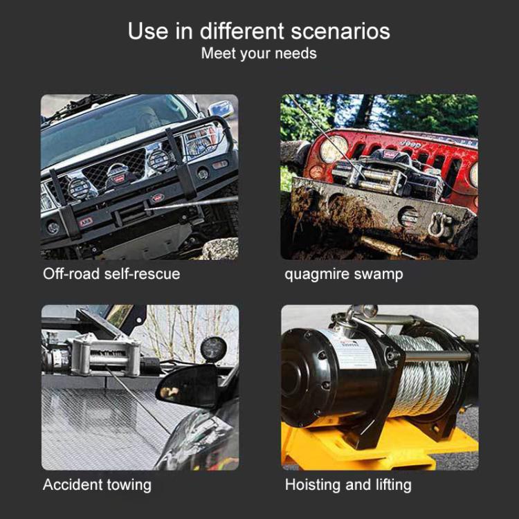 Electric winch mounted on vehicle for towing, hoisting, and lifting tasks