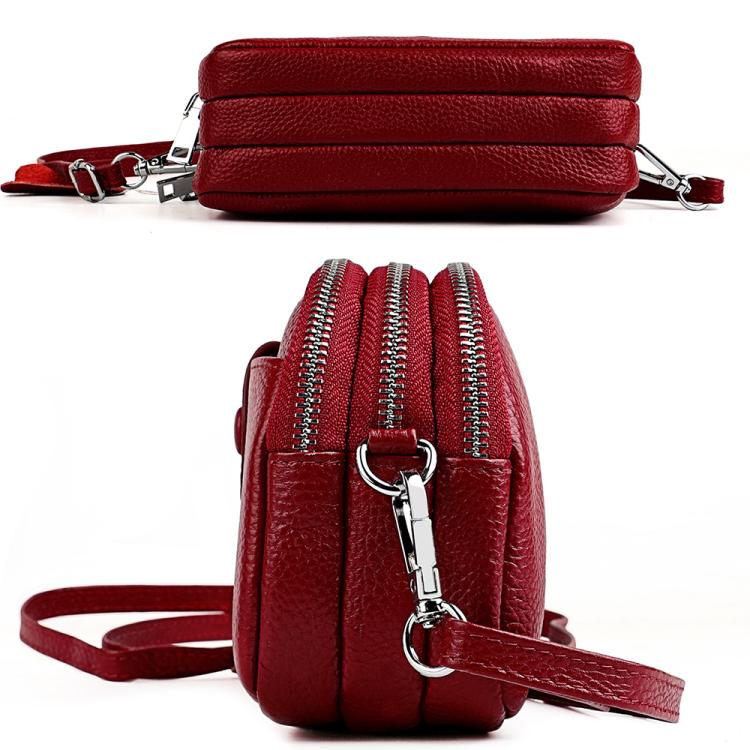 Red genuine leather crossbody bag, front view and side view with dual zippers