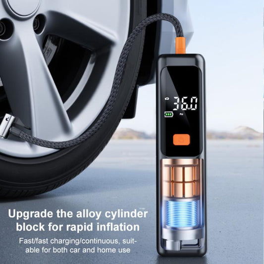 Black tire inflator with connected hose and digital pressure display
