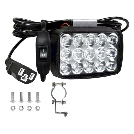 Motorcycle LED spotlight kit with switch, plug, clamp bracket, and mounting screws