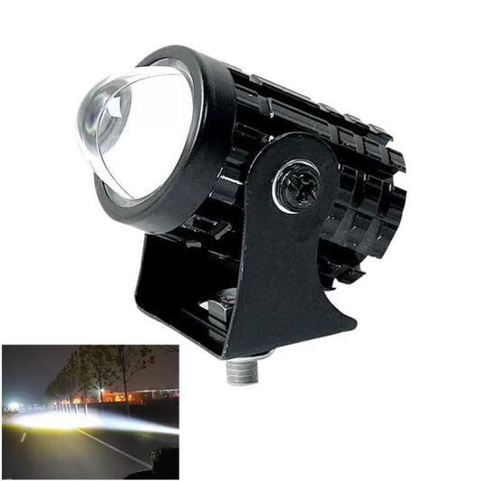 Black LED mini spotlight with round lens, yellow light beam shown in inset