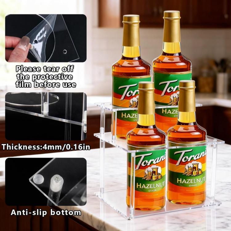 Clear acrylic syrup rack with anti-slip base and protective film before use
