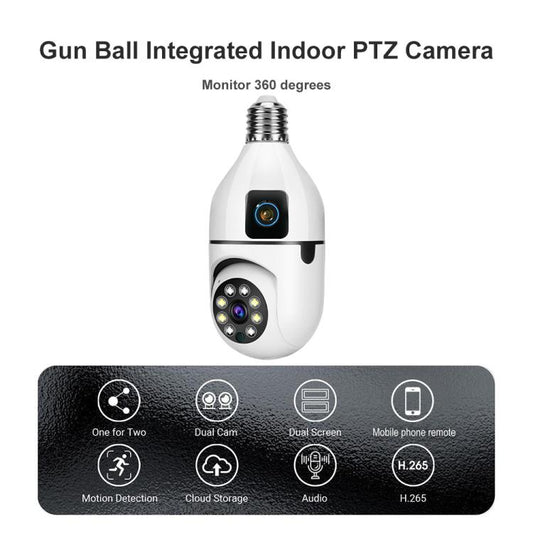 White indoor PTZ security bulb camera with dual lenses and E27 screw base