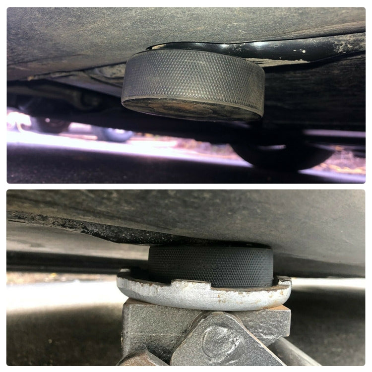 Black rubber jack point pad installed on car jack stand at underbody