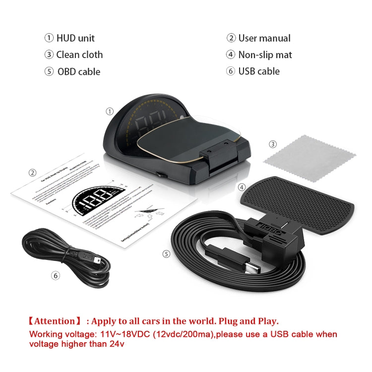 Car HUD head-up display kit with user manual, OBD and USB cables, non-slip mat and cloth