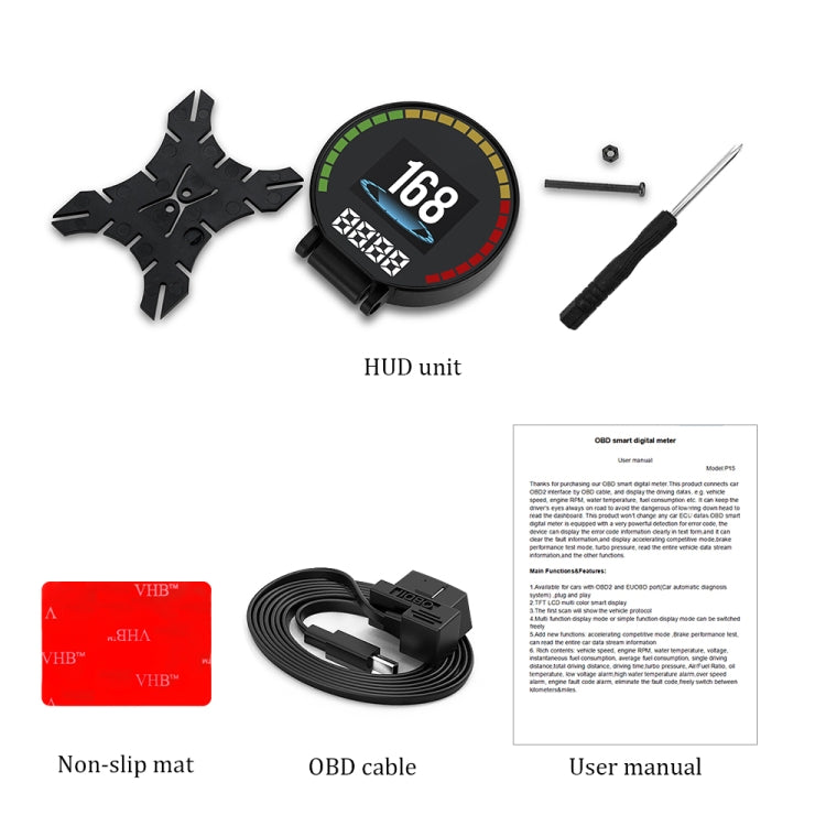 Car HUD head-up display kit with HUD unit, OBD cable, non-slip mat, and manual