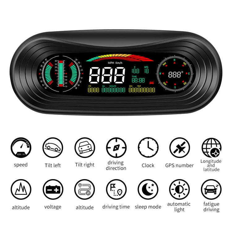 Car GPS head-up display unit with dashboard icons for speed, tilt, driving direction, clock