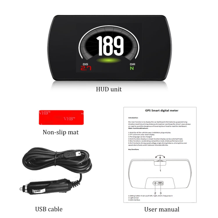 HUD GPS head-up display kit: black unit, non-slip mat, USB cable, and user manual