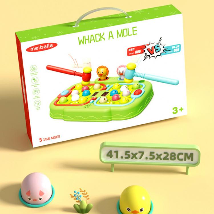 Whack-a-mole toy in retail box with green play board and animal figures