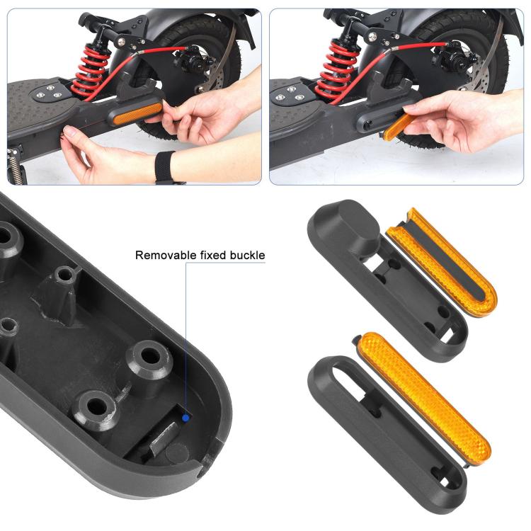 Removable grey plastic side cover with amber reflective strip and mounting screws