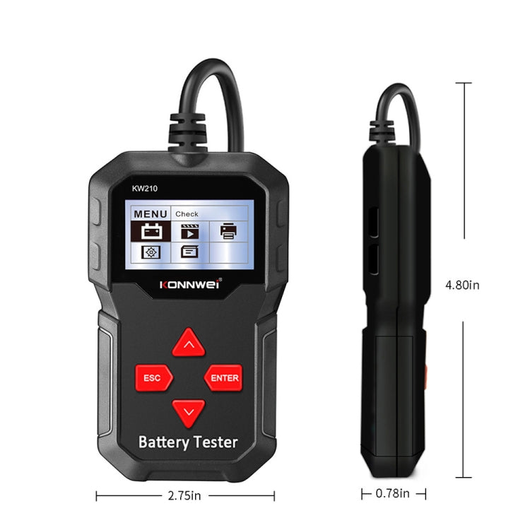 Car battery tester with LCD screen and side profile for size comparison