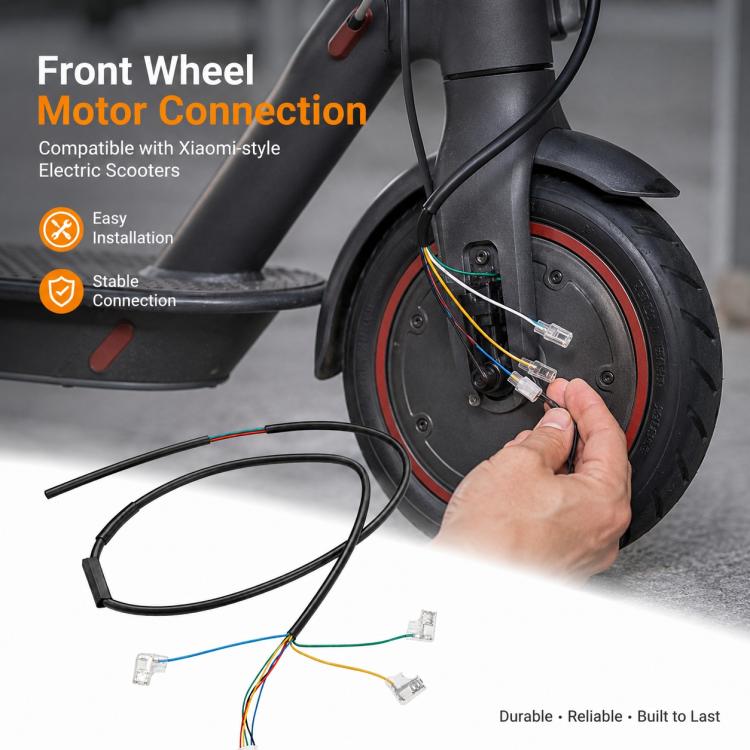 Front wheel motor connection cable with multicolor wires and connector plugs near the front wheel