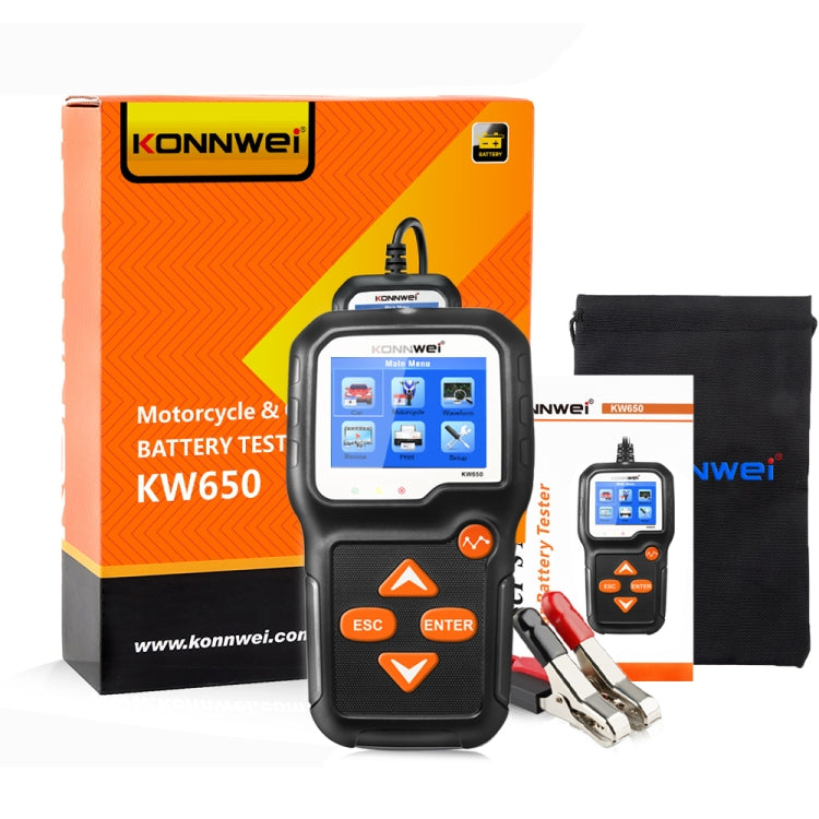 KONNWEI KW650 battery tester with 2.4-inch color screen, orange buttons, and alligator clips
