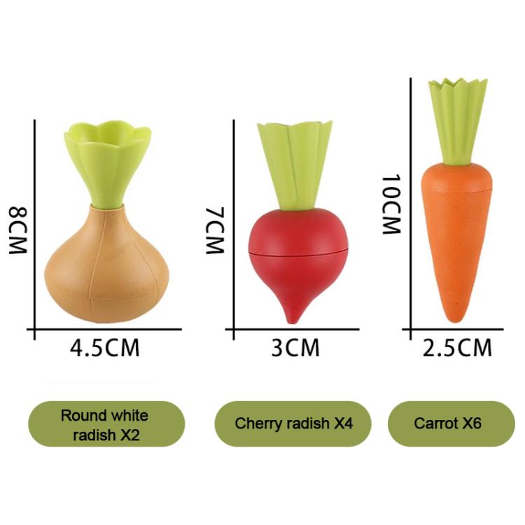 Vegetable toy size chart showing carrot and radish pieces with green leafy tops