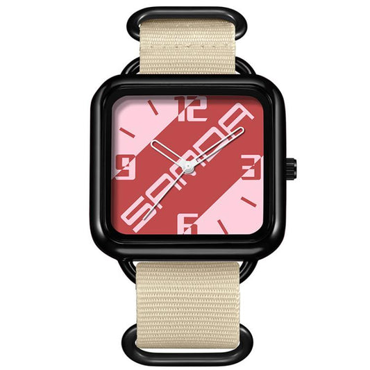 Square casual quartz watch with black bezel, pink patterned dial, beige nylon strap
