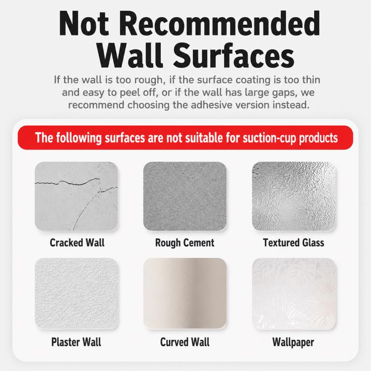 Wall surface suitability warning for suction-cup toothbrush holders, not recommended on rough walls