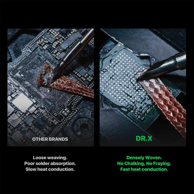 MECHANIC Dr.X precision desoldering tape strip on circuit board, patterned mesh surface