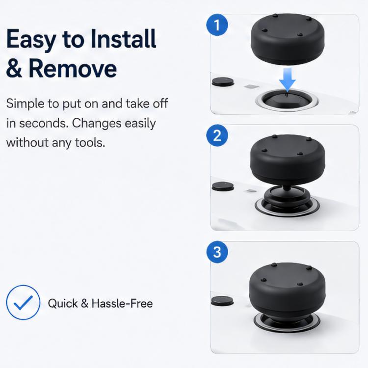 Black silicone thumbstick cap installation steps shown for quick setup