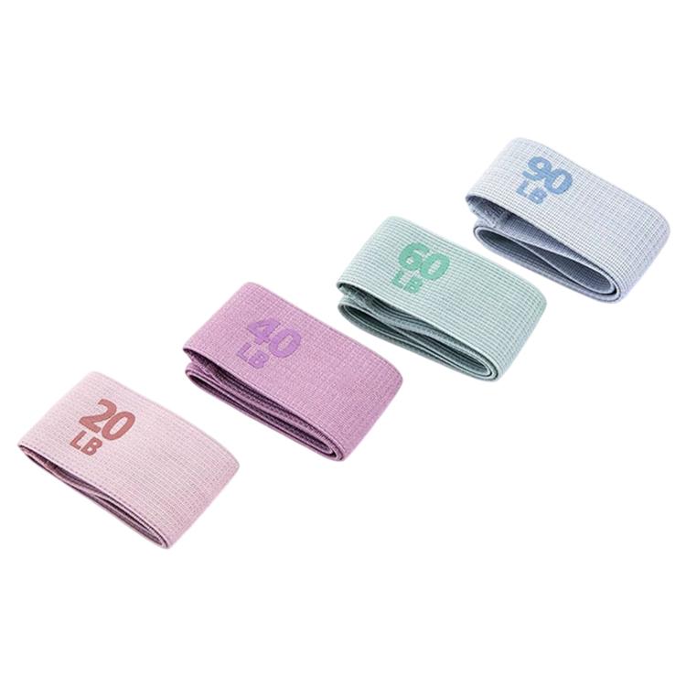 Set of four resistance loop bands: pink 20 lb, purple 40 lb, green 60 lb, blue 90 lb.