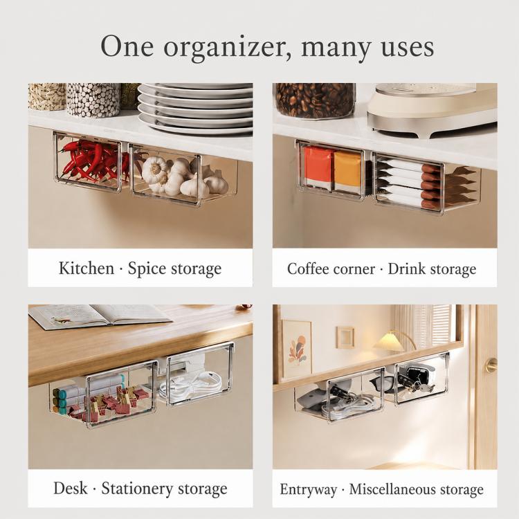 Transparent pull-out organizer shown in kitchen, coffee, desk, and entryway storage