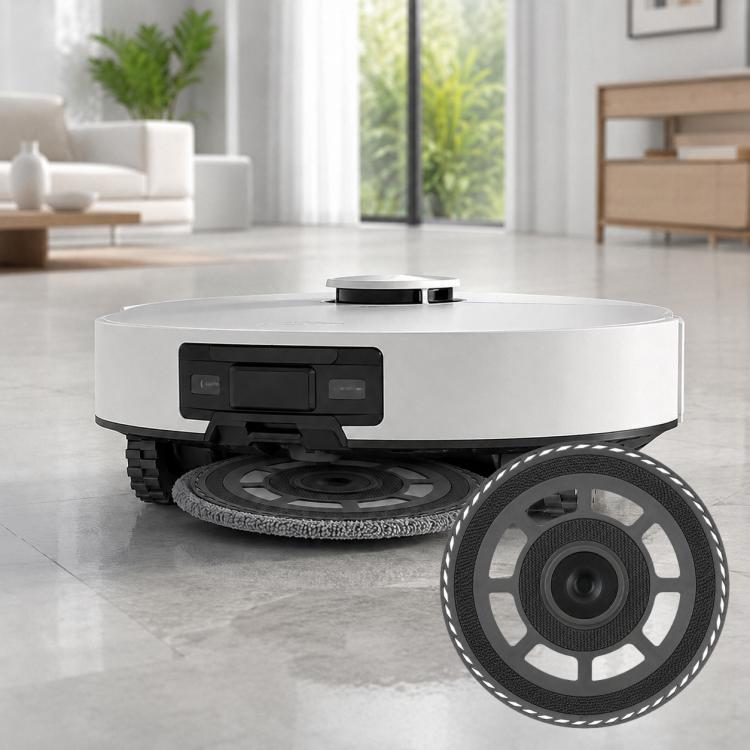 Robot vacuum cleaner with circular gray mop pad installed