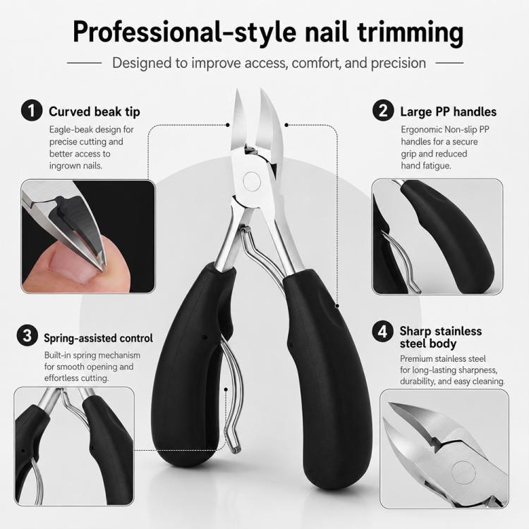 Nail clipper with curved beak tip and spring-assisted control, ergonomic black handles