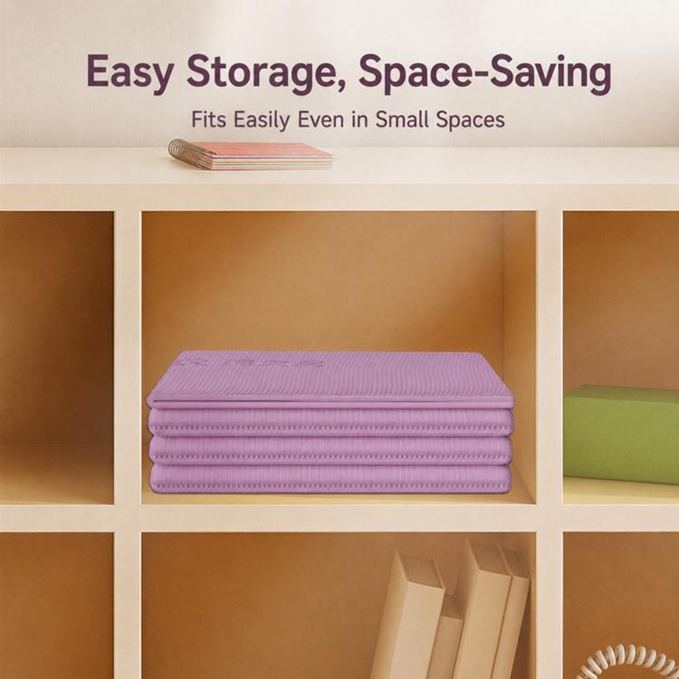 Foldable thick yoga mat pad, neatly stacked in lavender/purple